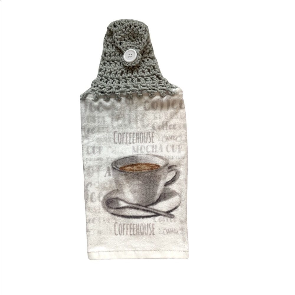 Hand Crafted Crochet Top Coffee House Hanging Kitchen or Bathroom Hand Towel - Picture 5 of 7